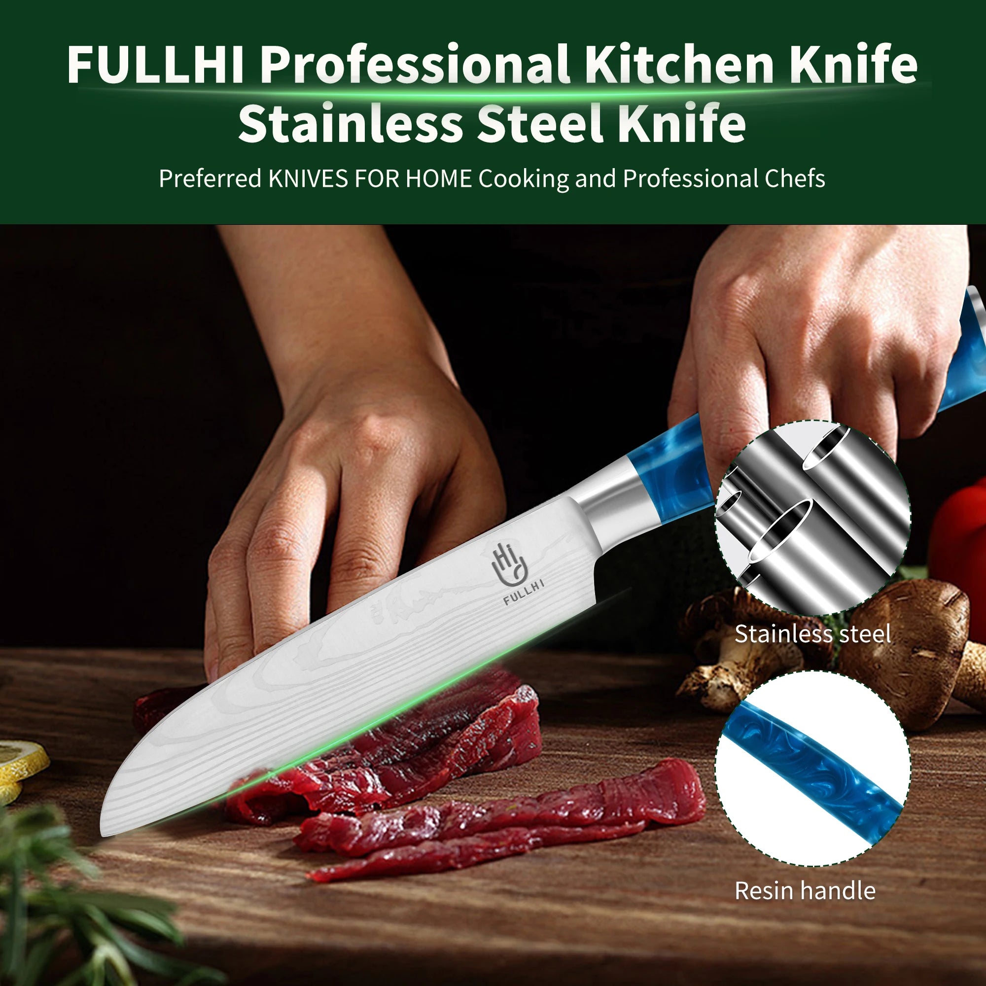 Ergonomic Stainless Steel Blue Resin Chef Knife With Sheath