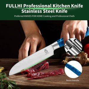 Ergonomic Stainless Steel Blue Resin Chef Knife With Sheath