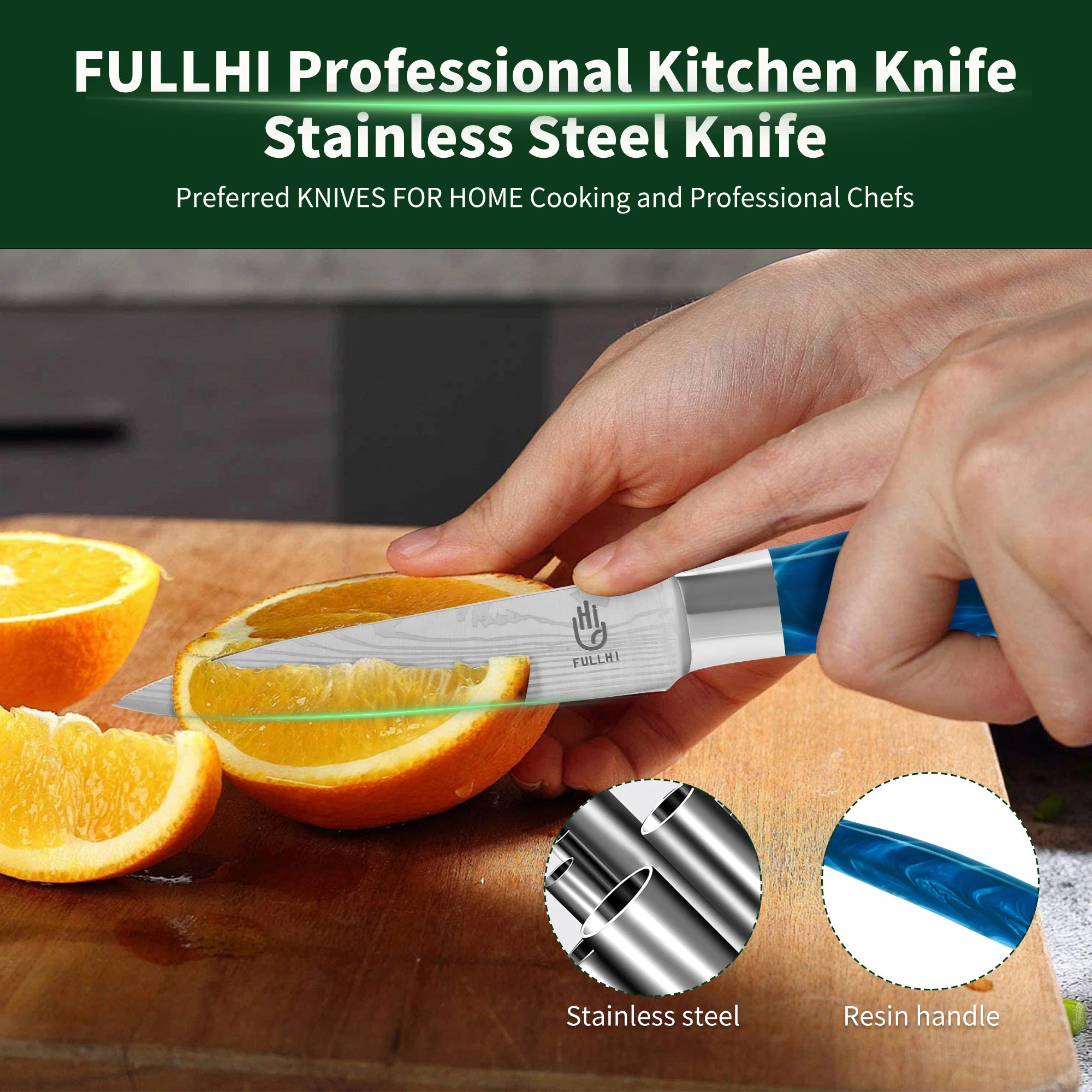 Ergonomic Stainless Steel Blue Resin Chef Knife With Sheath