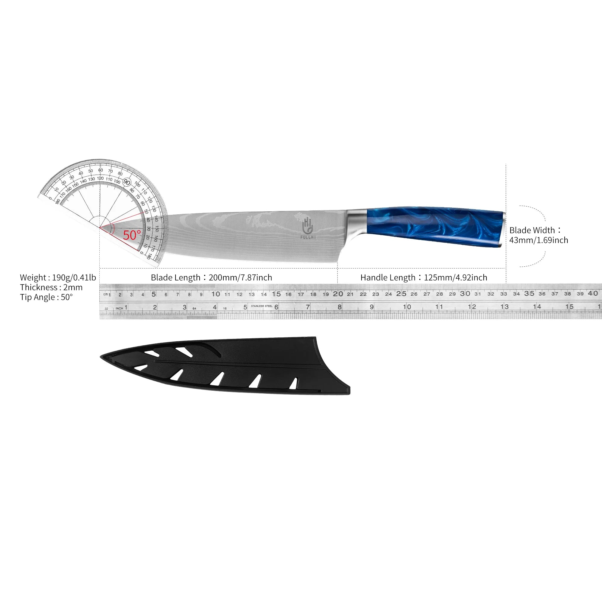 Ergonomic Stainless Steel Blue Resin Chef Knife With Sheath