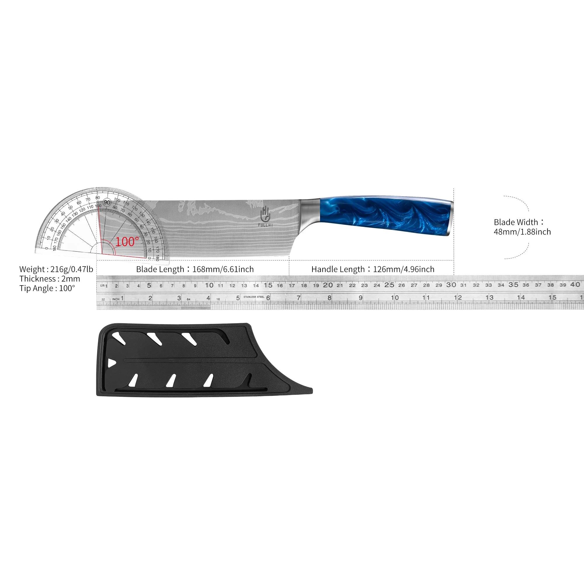 Ergonomic Stainless Steel Blue Resin Chef Knife With Sheath