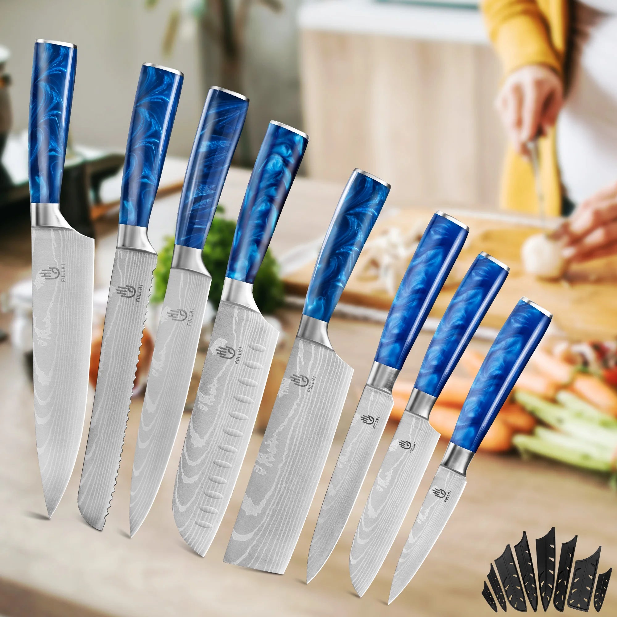 Ergonomic Stainless Steel Blue Resin Chef Knife With Sheath