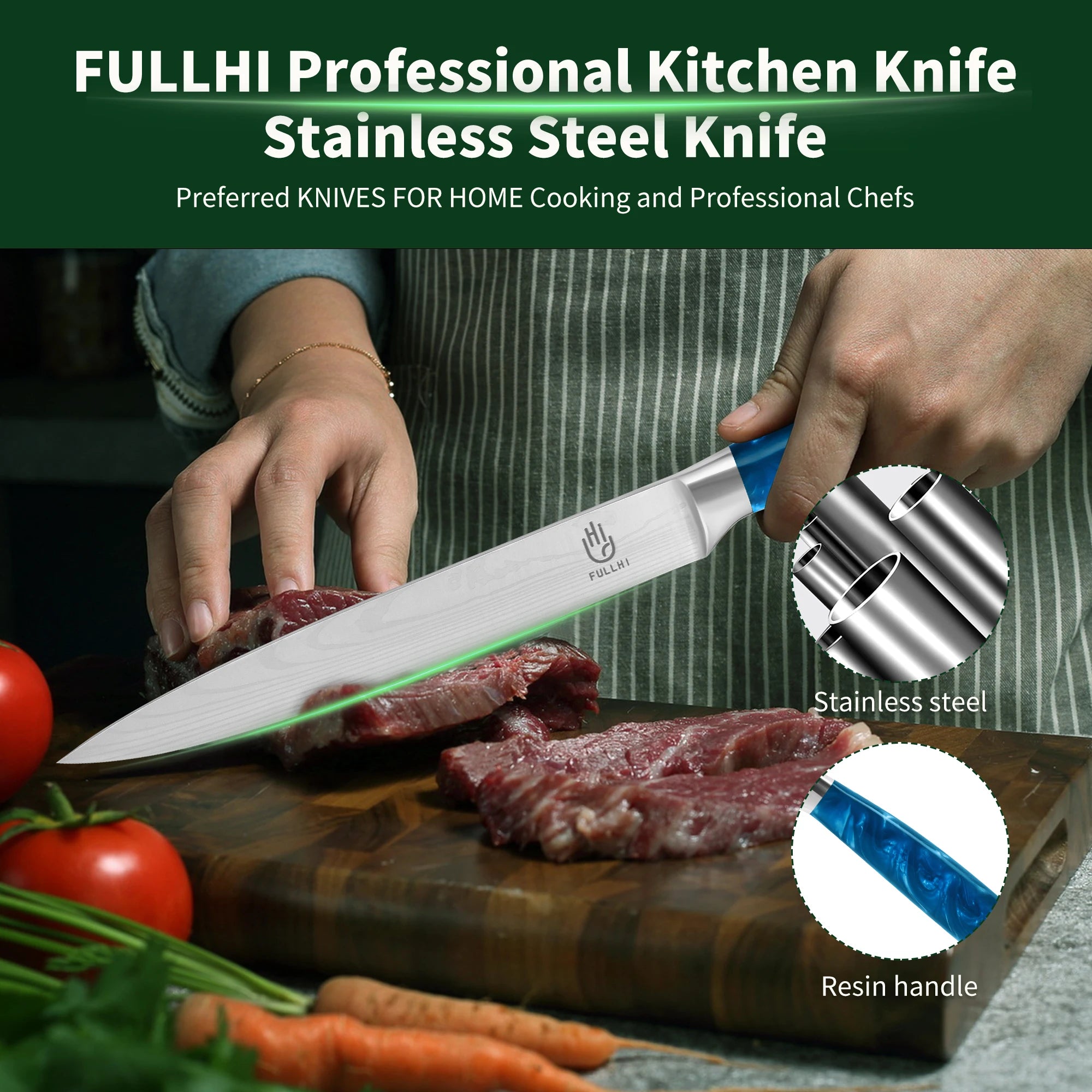 Ergonomic Stainless Steel Blue Resin Chef Knife With Sheath