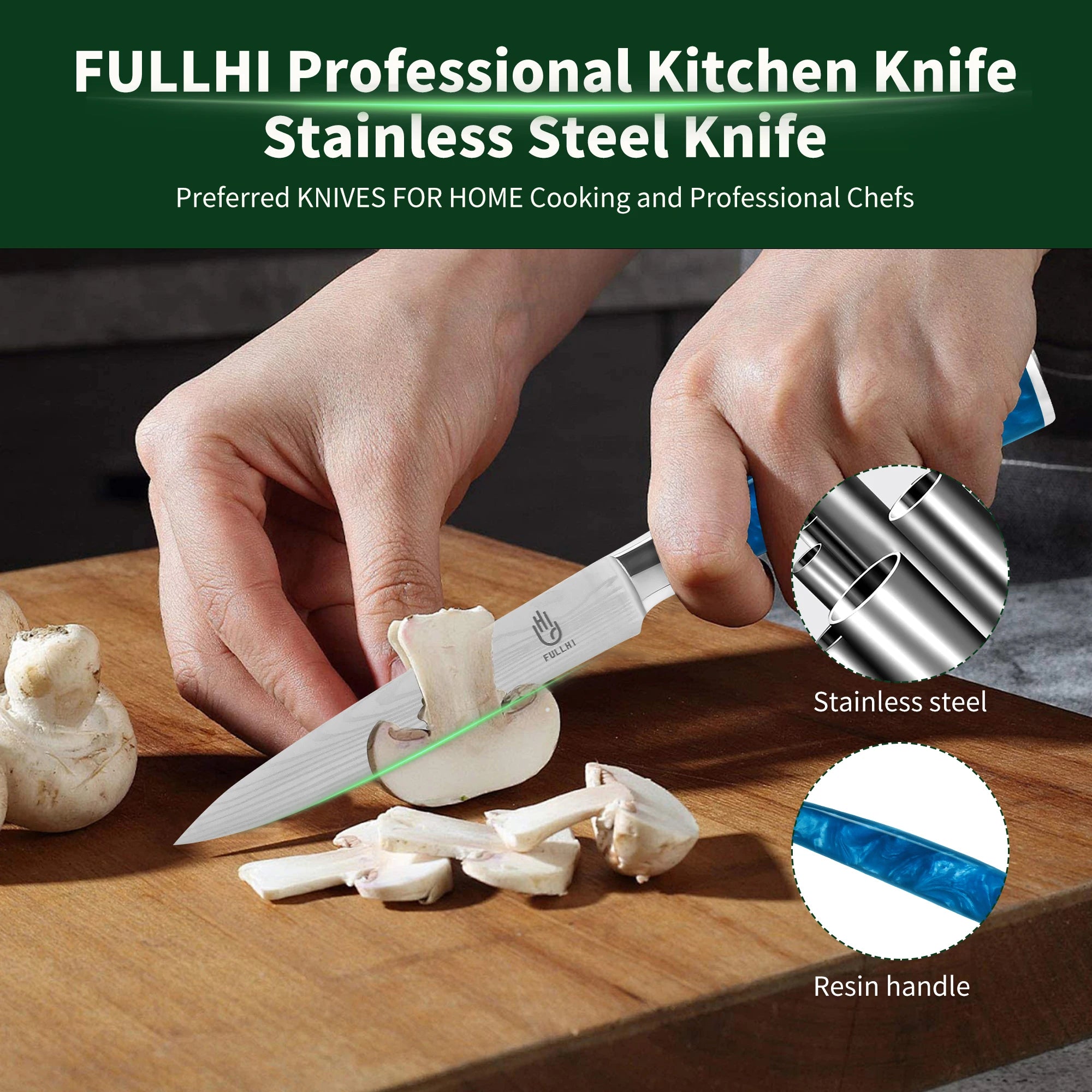 Ergonomic Stainless Steel Blue Resin Chef Knife With Sheath