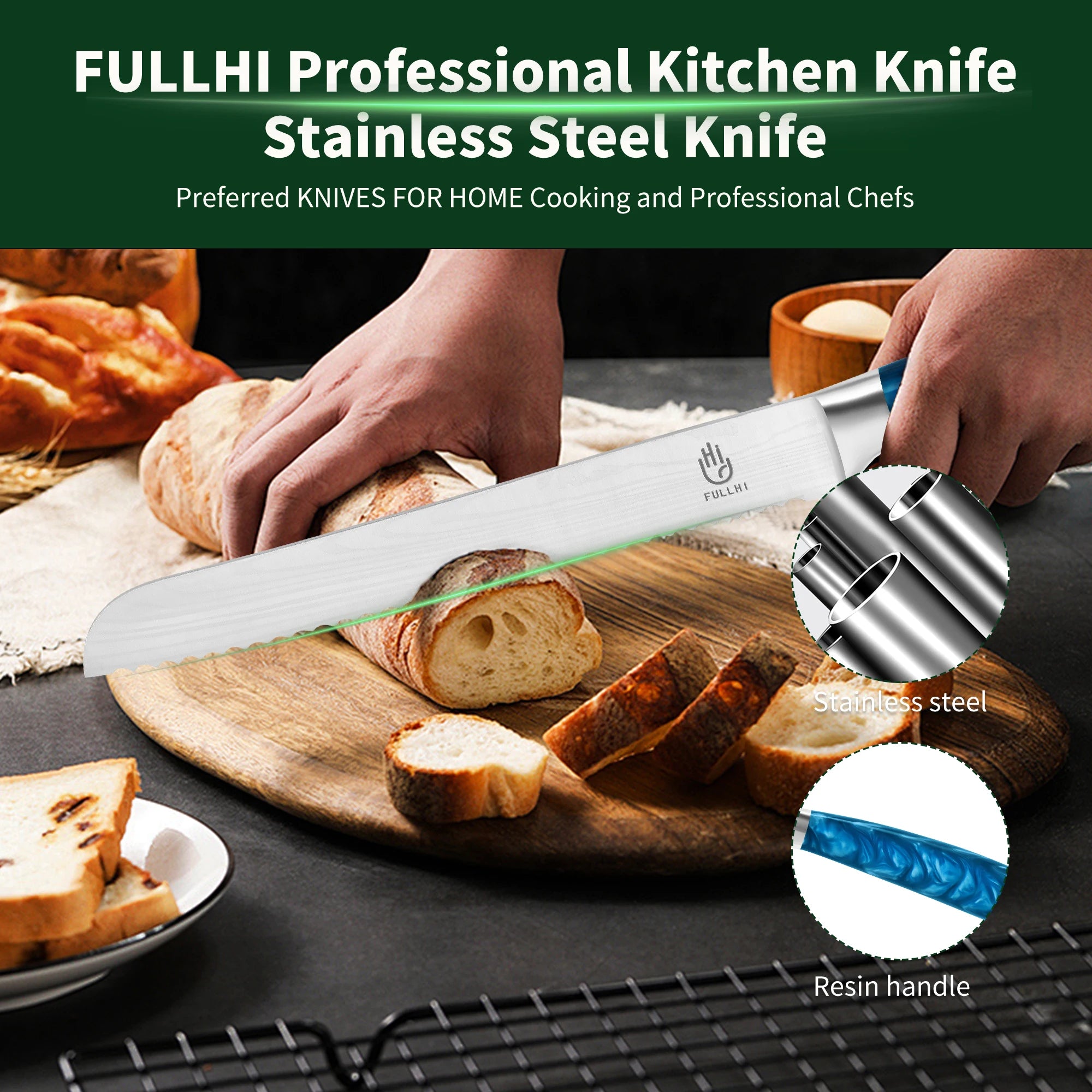 Ergonomic Stainless Steel Blue Resin Chef Knife With Sheath