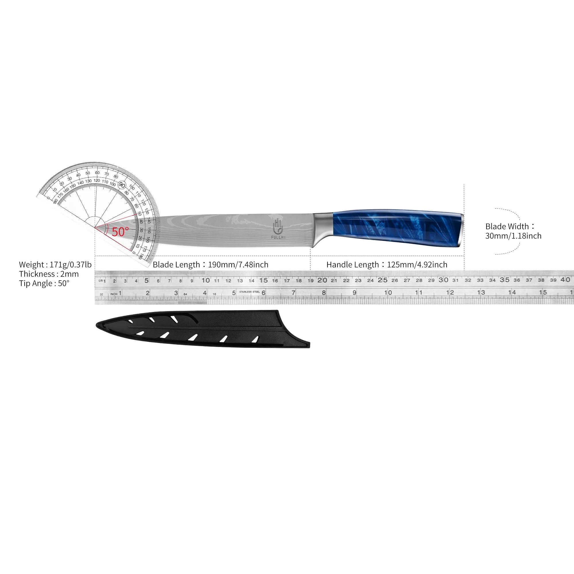 Ergonomic Stainless Steel Blue Resin Chef Knife With Sheath