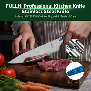 Ergonomic Stainless Steel Blue Resin Chef Knife With Sheath