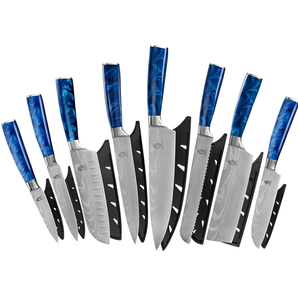 Ergonomic Stainless Steel Blue Resin Chef Knife With Sheath