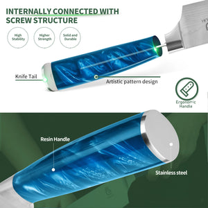Ergonomic Stainless Steel Blue Resin Chef Knife With Sheath
